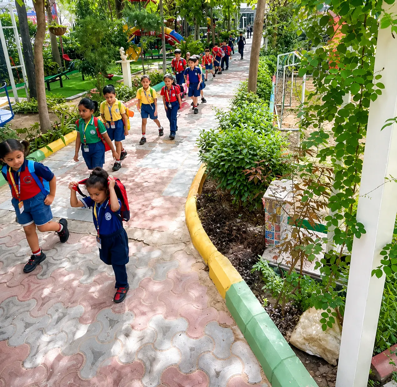 Children walking home along the leafy garden pathway at going-home time