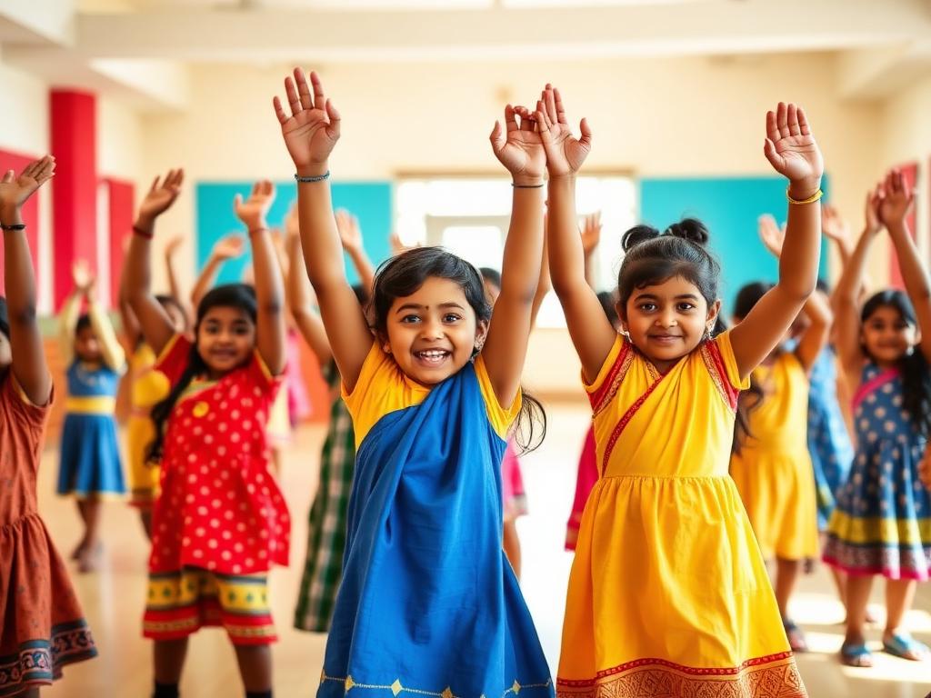 Girls in bright ethnic dresses dancing with their hands raised
