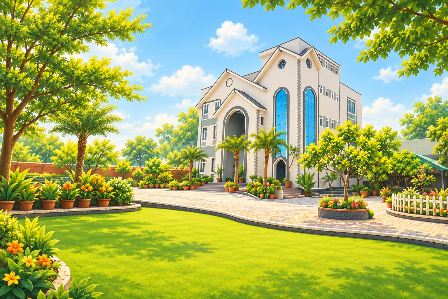 Illustrated Buniyaad campus with lawns, garden paths and the school building